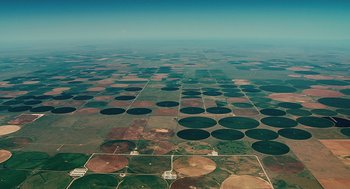 Movie still from “Up in the Air” (2009), directed by Jason Reitman – An aerial view of a field with many circles in it; Extreme Wide shot, Overhead angle
