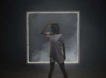 Movie still from “Carlota Flâneur - Generation of the Young Flesh” (2020), directed by Carles Pons Altimira – Wide shot, Low angle