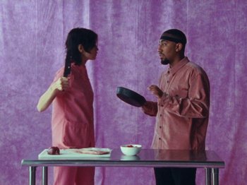 Movie still from “Gus Dapperton - Fill Me Up Anthem” (2019), directed by Gus Dapperton – Medium shot, High angle