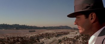Movie still from “Chinatown” (1974), directed by Roman Polanski – A person wearing a hat standing in a field; Close Up shot, Over the shoulder angle