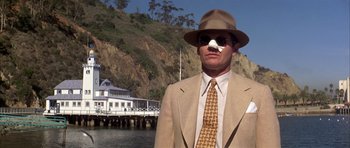 Movie still from “Chinatown” (1974), directed by Roman Polanski – A man in a suit and hat with a bird on his nose; Medium shot, Low angle