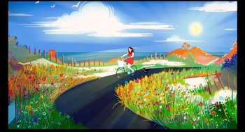 Movie still from “Wildlife” (2018), directed by Paul Dano – A woman riding a bike down a road with flowers; Extreme Wide shot, Low angle