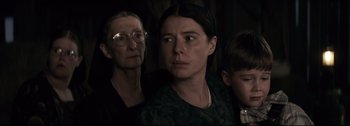 Movie still from “Women Talking” (2022), directed by Sarah Polley – Close Up shot, Over the shoulder angle
