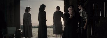 Movie still from “Women Talking” (2022), directed by Sarah Polley – Medium shot, Over the shoulder angle