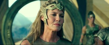 Movie still from “Wonder Woman 1984” (2020), directed by Patty Jenkins – A person wearing a helmet; Close Up shot, Low angle