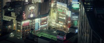 Movie still from “Wonder Woman 1984” (2020), directed by Patty Jenkins – An aerial view of a city at night with lights; Extreme Wide shot, High angle