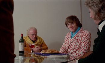 Movie still from “A Clockwork Orange” (1971), directed by Stanley Kubrick – A man and a woman sitting at a dinner table; Medium shot, Over the shoulder angle