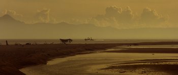 Movie still from “Apocalypse Now” (1979), directed by Francis Ford Coppola – A boat is in the water on the beach; Extreme Wide shot, High angle