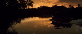 Movie still from “Apocalypse Now” (1979), directed by Francis Ford Coppola – A body of water at sunset with a tree in the background; Extreme Wide shot, Low angle