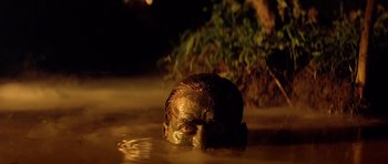 Movie still from “Apocalypse Now” (1979), directed by Francis Ford Coppola – A man in a body of water covered in mud; Medium shot, Low angle