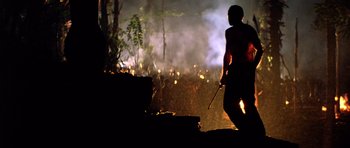Movie still from “Apocalypse Now” (1979), directed by Francis Ford Coppola – A man standing in front of a forest fire; Wide shot, Low angle