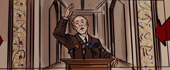 Movie still from “Argo” (2012), directed by Ben Affleck – A cartoon picture of a man giving a speech; Medium shot, Low angle