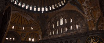 Movie still from “Argo” (2012), directed by Ben Affleck – The interior of an old building with stained glass windows; Extreme Wide shot, Low angle