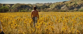 Movie still from “Bad Times at the El Royale” (2018), directed by Drew Goddard – A man standing in the middle of a field of yellow flowers; Wide shot, Low angle