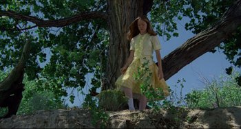 Movie still from “Badlands” (1973), directed by Terrence Malick – A girl in a yellow dress standing next to a tree; Wide shot, Low angle