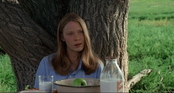 Movie still from “Badlands” (1973), directed by Terrence Malick – A woman sitting at a table with a glass of milk and an apple on a plate in front of a tree; Close Up shot, Over the shoulder angle