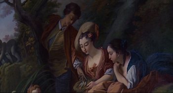 Movie still from “Badlands” (1973), directed by Terrence Malick – A painting of a woman and two men; Medium shot, High angle