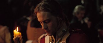 Movie still from “Becoming Jane” (2007), directed by Julian Jarrold – A person wearing a military uniform; Close Up shot, Over the shoulder angle