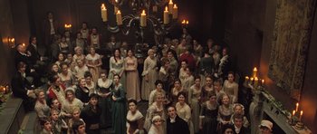 Movie still from “Becoming Jane” (2007), directed by Julian Jarrold – A large group of people dressed in period clothing; Wide shot, High angle