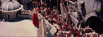 Movie still from “Ben-Hur” (1959), directed by William Wyler – A crowd of people standing on top of a brick wall; Extreme Wide shot, High angle