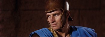 Movie still from “Ben-Hur” (1959), directed by William Wyler – A person wearing a helmet; Close Up shot, Low angle