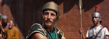 Movie still from “Ben-Hur” (1959), directed by William Wyler – A person wearing a helmet; Close Up shot, Low angle