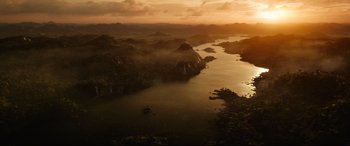 Movie still from “Black Panther: Wakanda Forever” (2022), directed by Ryan Coogler – A view of a body of water with a mountain range in the background; Extreme Wide shot, High angle