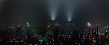 Movie still from “Blade Runner” (1982), directed by Ridley Scott – A view of a city at night with lights shining; Extreme Wide shot, Low angle