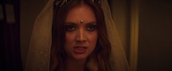 Movie still from “Booksmart” (2019), directed by Olivia Wilde – A person wearing a veil; Close Up shot, Low angle