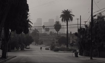 Movie still from “C'mon C'mon” (2021), directed by Mike Mills – A person riding a bike down the middle of a street; Extreme Wide shot, Low angle