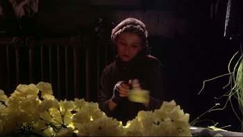 Movie still from “Days of Heaven” (1978), directed by Terrence Malick – A young girl is looking at flowers in the dark; Close Up shot, Low angle
