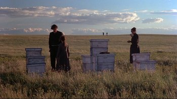 Movie still from “Days of Heaven” (1978), directed by Terrence Malick – A group of beekeepers in a field with their hives; Extreme Wide shot, Low angle