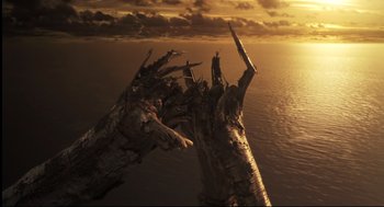 Movie still from “Cast Away” (2000), directed by Robert Zemeckis – An image of a tree trunk in the middle of the ocean at sunset; Extreme Wide shot, High angle