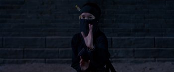 Movie still from “Crouching Tiger, Hidden Dragon” (2000), directed by Ang Lee – A person wearing a black mask and a black jacket; Medium shot, Over the shoulder angle