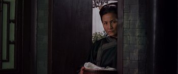 Movie still from “Crouching Tiger, Hidden Dragon” (2000), directed by Ang Lee – An asian woman holding a basket in a doorway; Medium shot, Over the shoulder angle