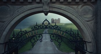 Movie still from “Cruella” (2021), directed by Craig Gillespie – An entrance to hell hall with a castle in the background; Extreme Wide shot, High angle