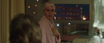 Movie still from “Dallas Buyers Club” (2013), directed by Jean-Marc Vallée – A man in a pink bathrobe and a pink hat; Close Up shot, Over the shoulder angle