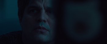 Movie still from “Dark Waters” (2019), directed by Todd Haynes – A man's face in the dark; Close Up shot, Over the shoulder angle