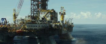 Movie still from “Deepwater Horizon” (2016), directed by Peter Berg – An oil rig in the middle of the ocean; Extreme Wide shot, High angle