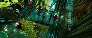 Movie still from “Deepwater Horizon” (2016), directed by Peter Berg – A group of men standing next to each other on top of a platform; Extreme Wide shot, Overhead angle