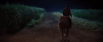 Movie still from “Django Unchained” (2012), directed by Quentin Tarantino – A man riding a horse down a dirt road at night; Wide shot, Over the shoulder angle
