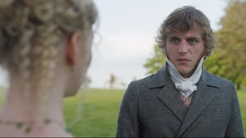 Movie still from “Emma.” (2020), directed by Autumn de Wilde – A man and a woman are looking at one another; Close Up shot, Over the shoulder angle
