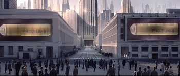 Movie still from “Equilibrium” (2002), directed by Kurt Wimmer – An image of people walking on the street in a city; Extreme Wide shot, High angle