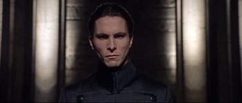 Movie still from “Equilibrium” (2002), directed by Kurt Wimmer – A person wearing a jacket; Close Up shot, Low angle