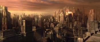 Movie still from “Equilibrium” (2002), directed by Kurt Wimmer – An aerial view of a large city in the middle of the day; Extreme Wide shot, High angle