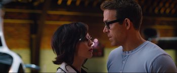 Movie still from “Free Guy” (2021), directed by Shawn Levy – A man and a woman looking at one another; Close Up shot, Over the shoulder angle