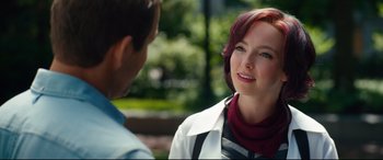 Movie still from “Free Guy” (2021), directed by Shawn Levy – A man and a woman talking to each other outside; Close Up shot, Over the shoulder angle