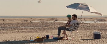 Movie still from “Gifted” (2017), directed by Marc Webb – A man and a woman sitting on the beach with a cat; Wide shot, High angle