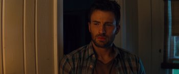 Movie still from “Gifted” (2017), directed by Marc Webb – A person wearing a plaid shirt; Close Up shot, Over the shoulder angle