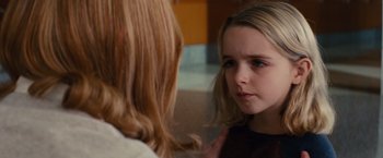 Movie still from “Gifted” (2017), directed by Marc Webb – A young girl looking at her reflection in a mirror; Close Up shot, Over the shoulder angle